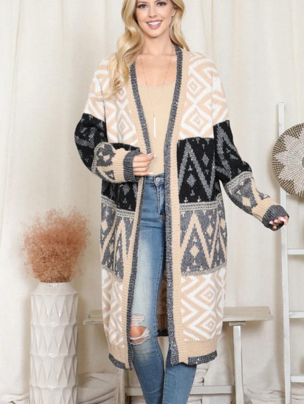 NWT Riah Fashion Aztec Knit Longline Cardigan Duster Sweater | Boho Western | - Picture 9 of 9